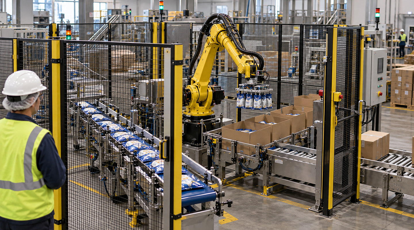 A delta or articulated robot packing moving products into open cases on a guarded production line, with infeed and discharge visible.